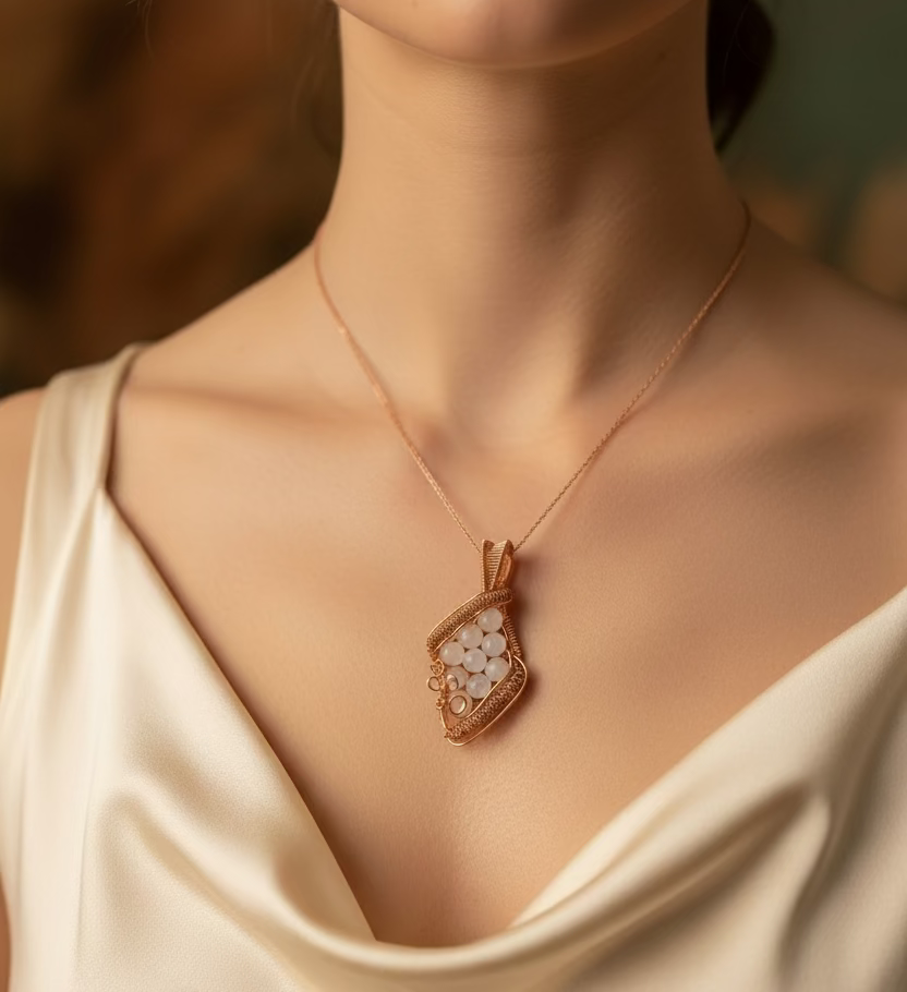 Handmade Morning Dew white jade pendant wrapped in pure copper wire worn on a delicate necklace.