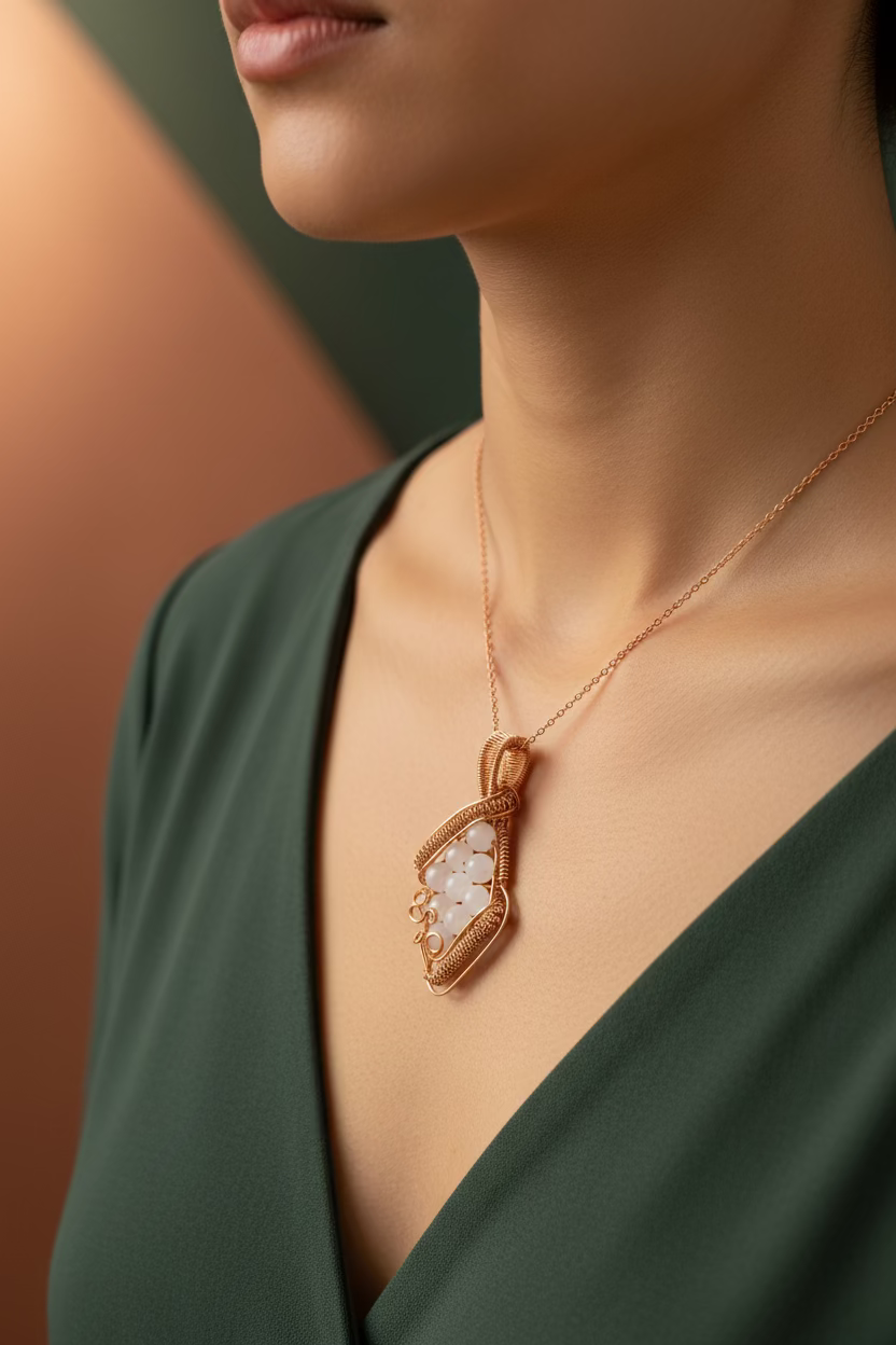 Handmade Morning Dew white jade pendant wrapped in pure copper wire worn on a delicate necklace.