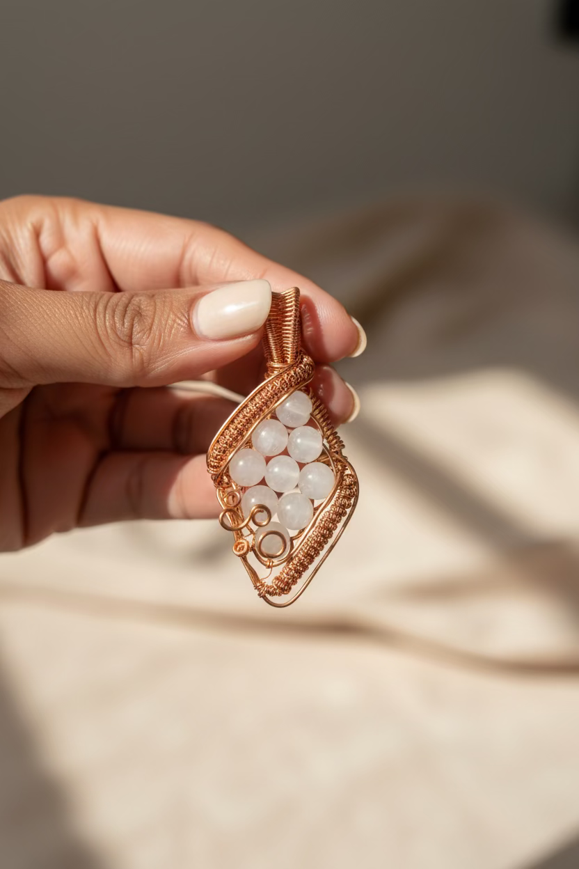 Close-up of handcrafted Morning Dew white jade copper wire wrapped pendant resting in a hand.
