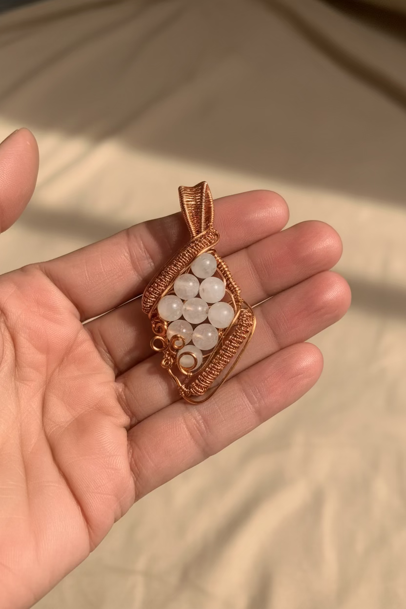 Close-up of handcrafted Morning Dew white jade copper wire wrapped pendant resting in a hand.