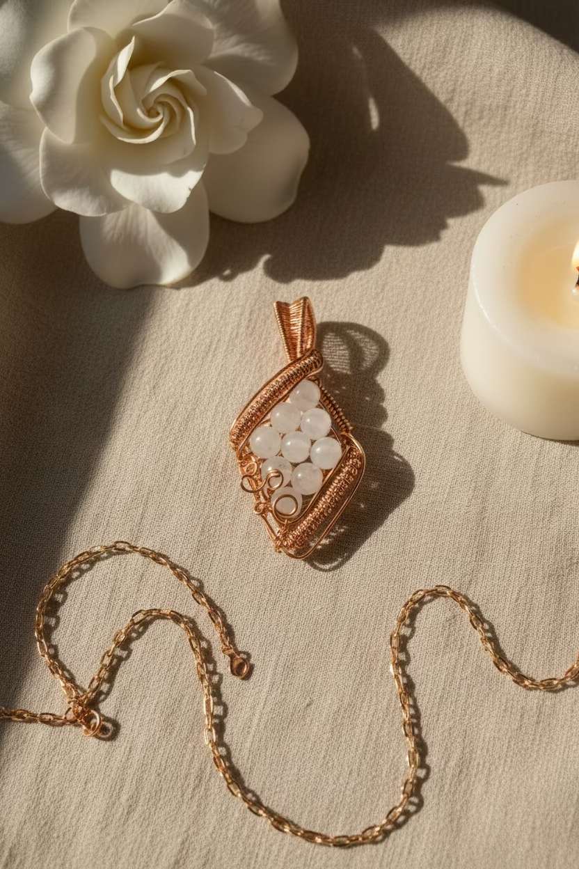 Morning Dew handmade white jade copper pendant displayed beside a candle and white flower in warm natural light.