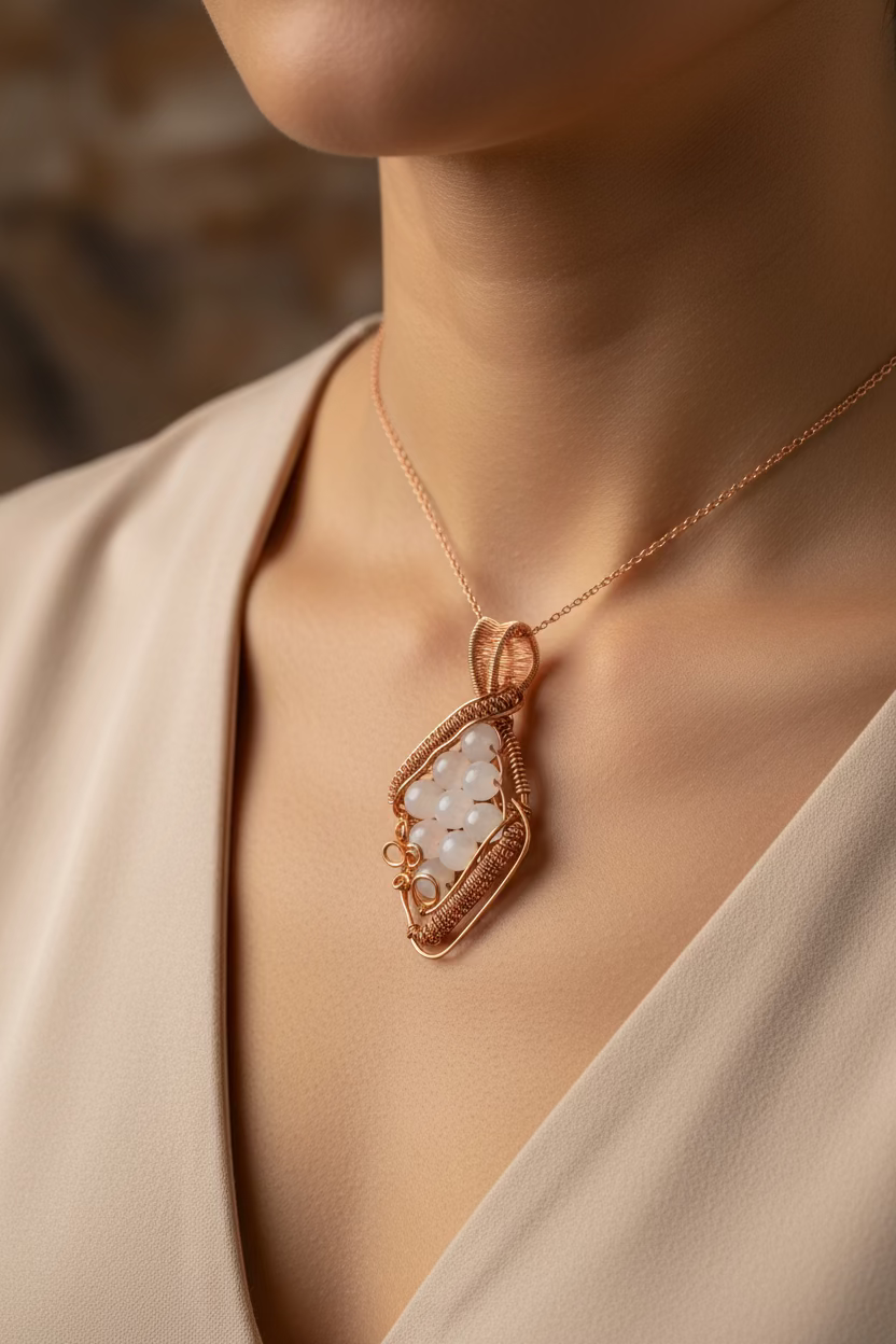 Handmade Morning Dew white jade pendant wrapped in pure copper wire worn on a delicate necklace.