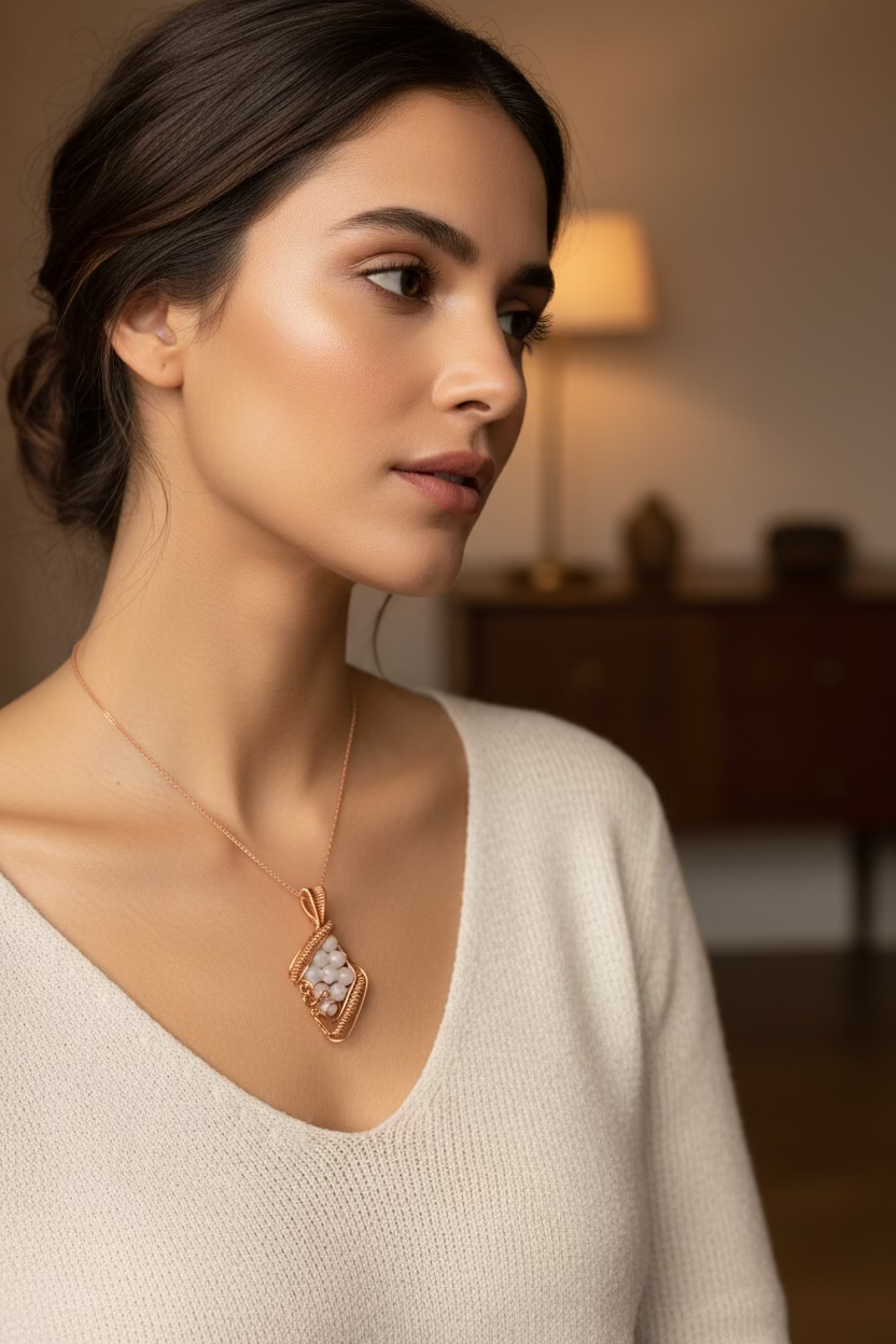 Handmade Morning Dew white jade pendant wrapped in pure copper wire worn on a delicate necklace.