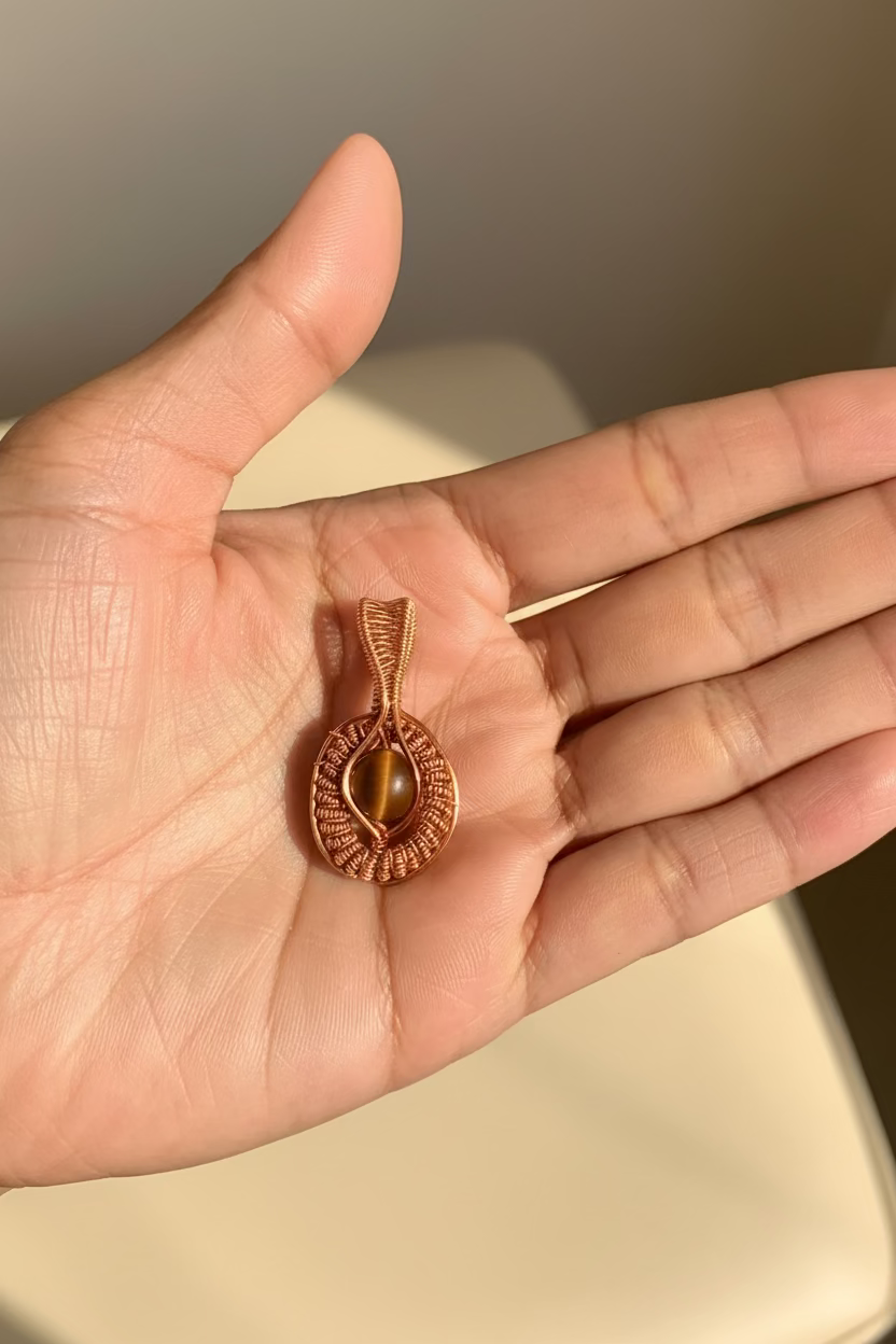 Hand holding a copper wire-wrapped pendant with a mystic aura quartz against a blurred background.