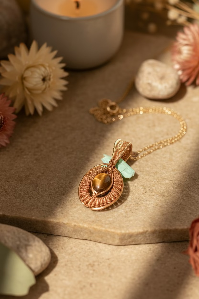 Copper wrapped pendant with a central mystic aura quartz on a textured surface