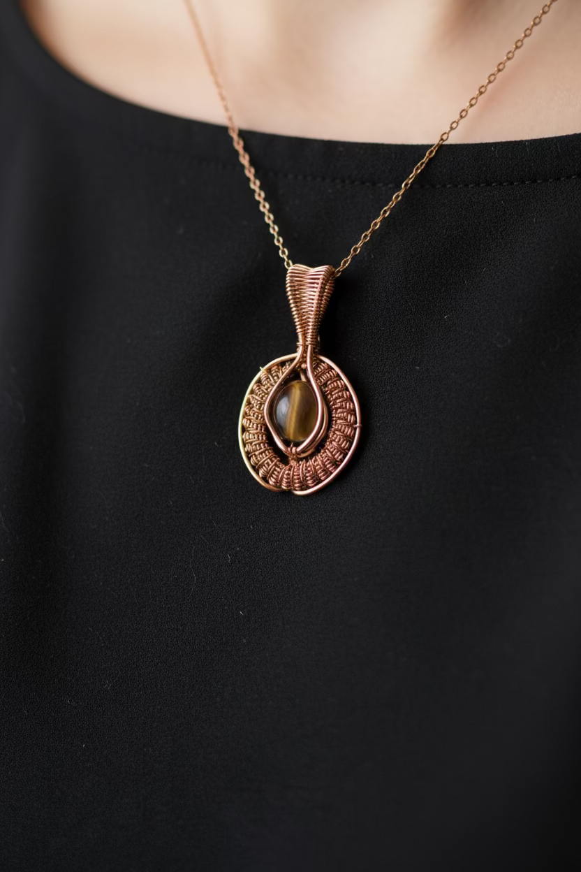 Mystic aura-quartz copper pendant necklace on a black dress