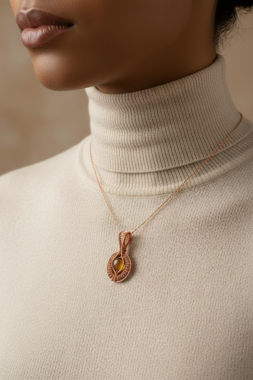 Model wearing mystic aura quartz copper pendant