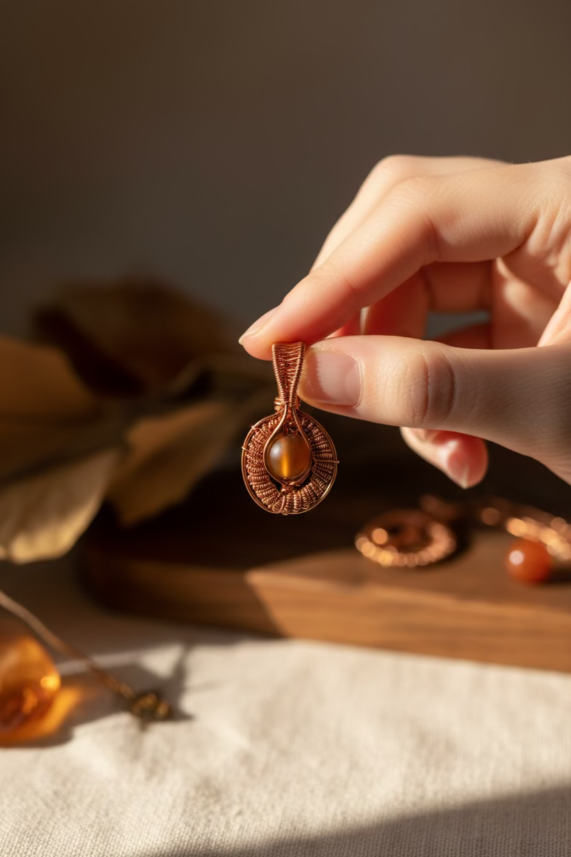 Earthen Aura – Coffee Mystic Aura Quartz Handwoven Copper Pendant