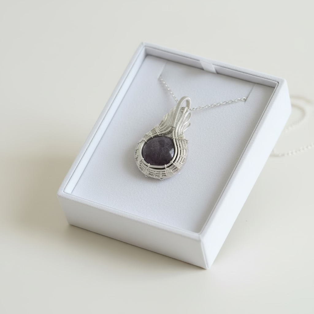 Natural Amethyst Cabochon Pendant – Hand Wrapped Purple Crystal in Silver Tone Copper