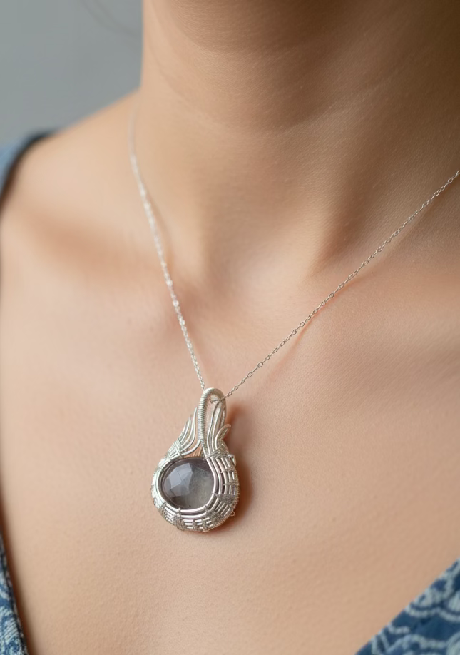 Natural Amethyst Cabochon Pendant – Hand Wrapped Purple Crystal in Silver Tone Copper
