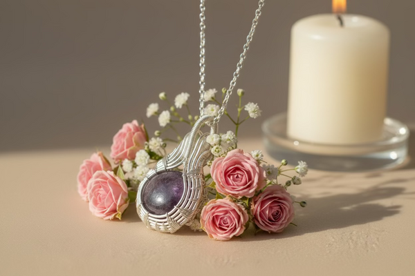 Natural Amethyst Cabochon Pendant – Hand Wrapped Purple Crystal in Silver Tone Copper
