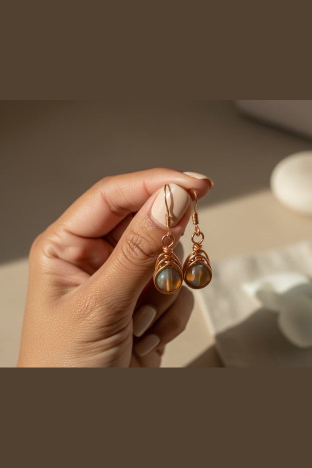 Natural Coffee Mystic Aura Quartz Earrings – Handcrafted Copper Wire Wrapped Drop Earrings | Boho Healing Crystal Jewelry Gift for Her