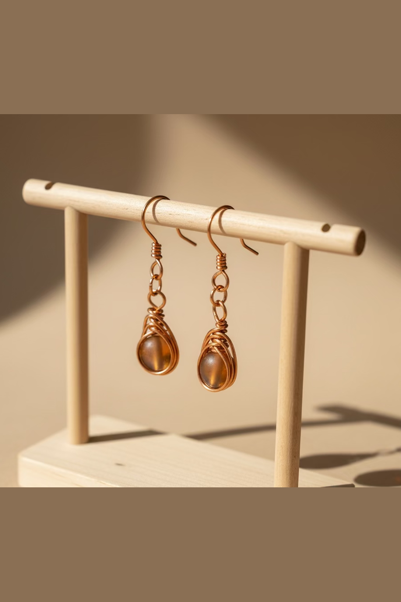 Natural Coffee Mystic Aura Quartz Earrings – Handcrafted Copper Wire Wrapped Drop Earrings | Boho Healing Crystal Jewelry Gift for Her