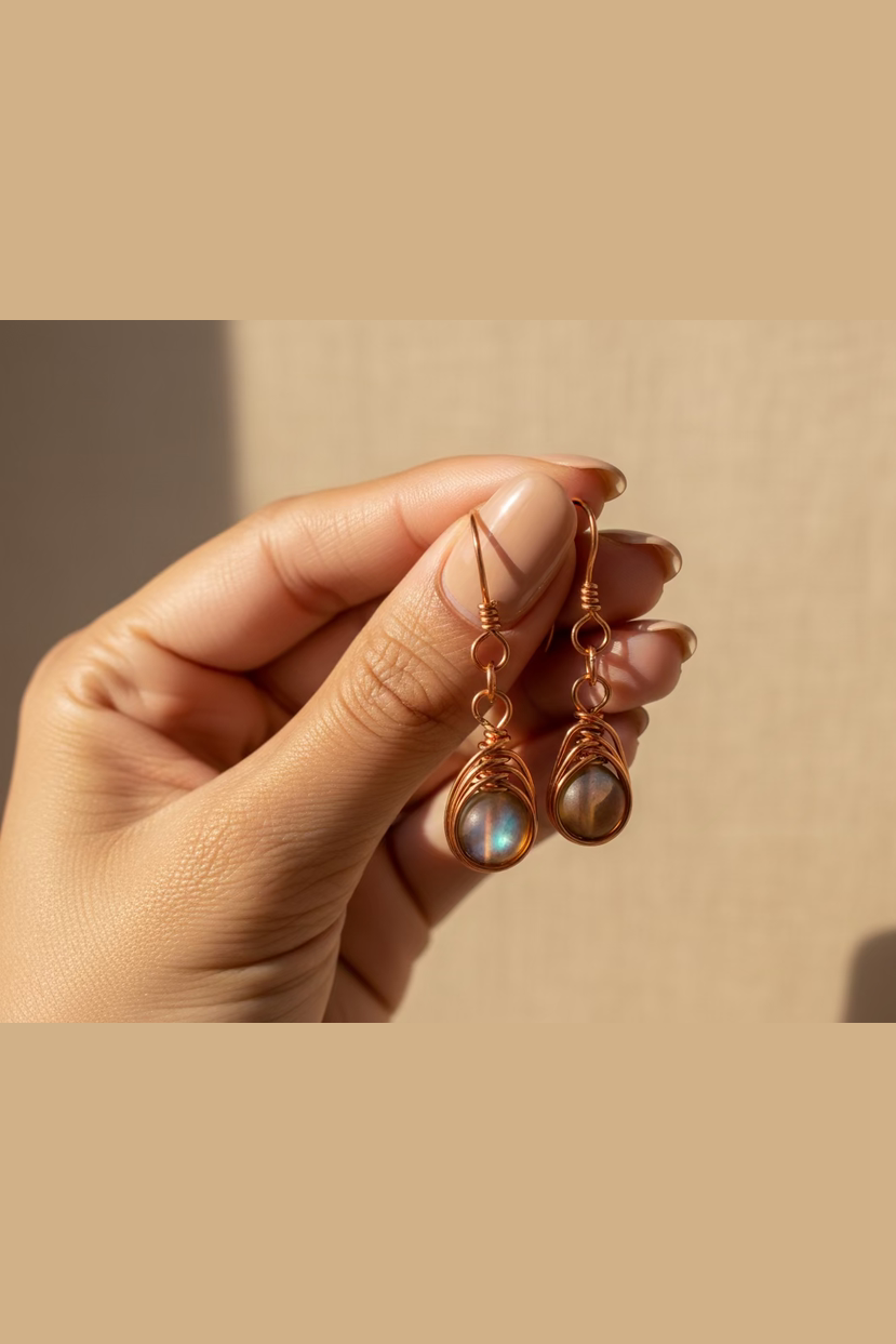Natural Coffee Mystic Aura Quartz Earrings – Handcrafted Copper Wire Wrapped Drop Earrings | Boho Healing Crystal Jewelry Gift for Her