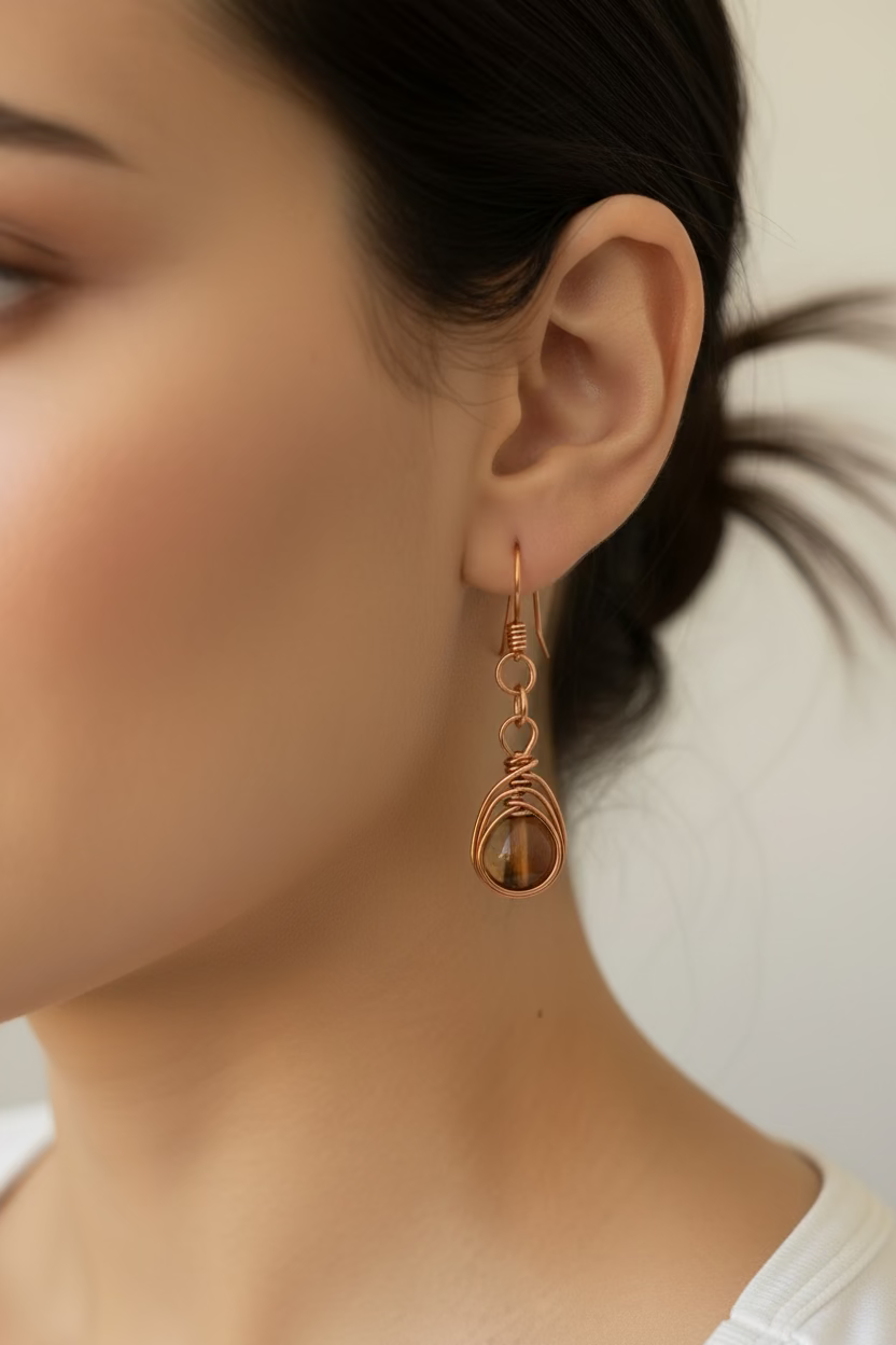 Natural Coffee Mystic Aura Quartz Earrings – Handcrafted Copper Wire Wrapped Drop Earrings | Boho Healing Crystal Jewelry Gift for Her