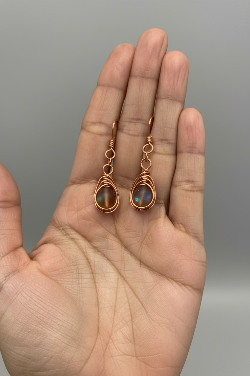 Natural Coffee Mystic Aura Quartz Earrings – Handcrafted Copper Wire Wrapped Drop Earrings | Boho Healing Crystal Jewelry Gift for Her