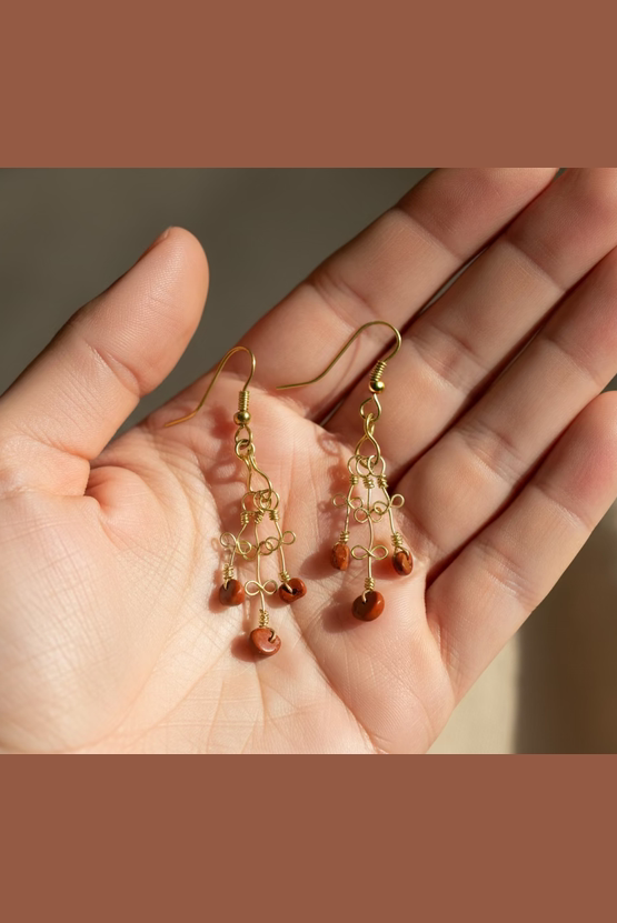 Handmade Copper Wire-Wrapped Dangle Earrings – Boho Elegant red Jasper Jewelry
