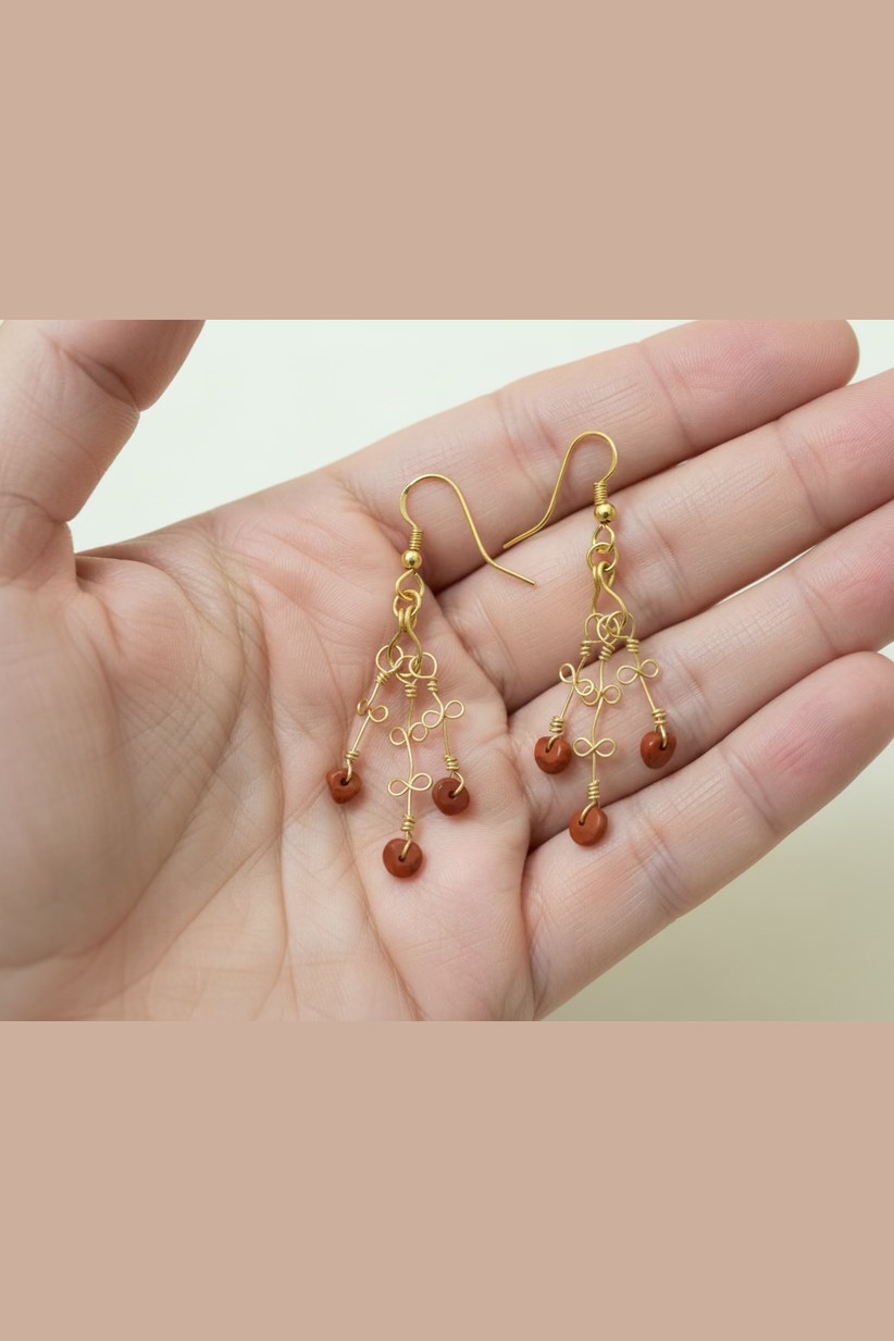 Handmade Copper Wire-Wrapped Dangle Earrings – Boho Elegant red Jasper Jewelry