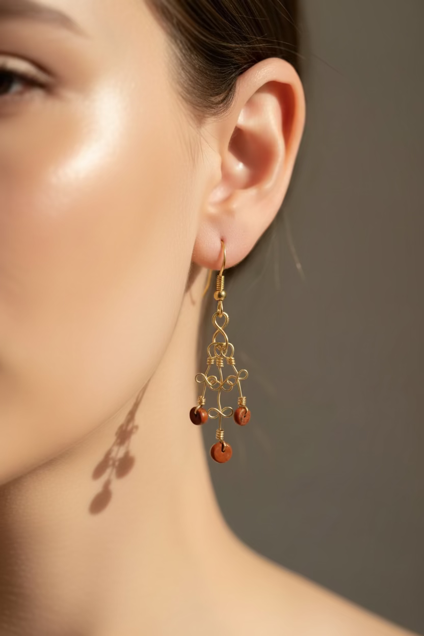 Handmade Copper Wire-Wrapped Dangle Earrings – Boho Elegant red Jasper Jewelry