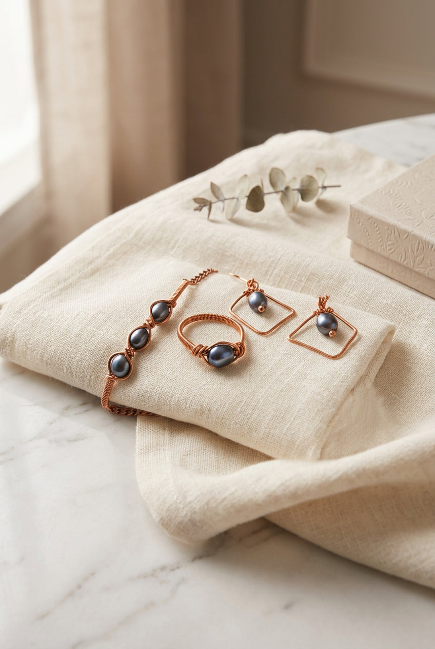 Pearl Alchemy jewelry set featuring a grey pearl copper bracelet, matching pearl ring, and geometric pearl earrings arranged on cream linen beside a neutral gift box and eucalyptus leaves.