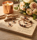 Pearl Alchemy complete set of a blue/grey pearl copper bracelet, ring, and geometric dangle earrings displayed together.