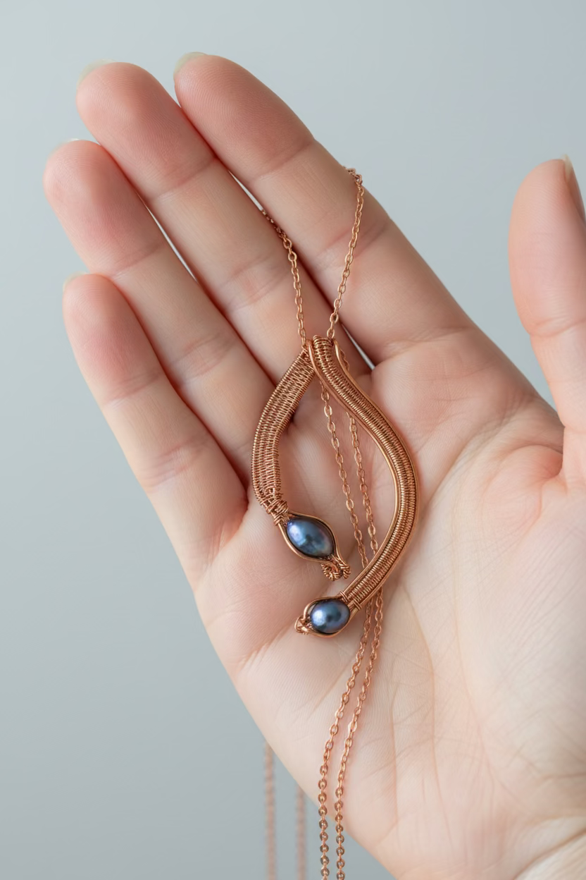 Handcrafted Copper Pendant with Freshwater Natural Blue/Grey Pearl - Sculptural Artisan Jewelry