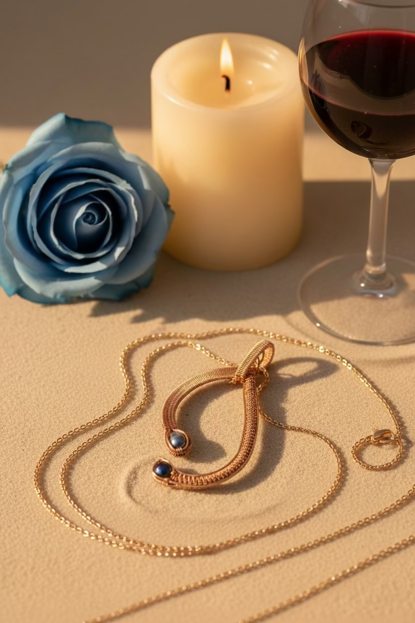 Handwoven copper pendant with two genuine freshwater pearls displayed beside a candle and blue rose on a soft neutral background.