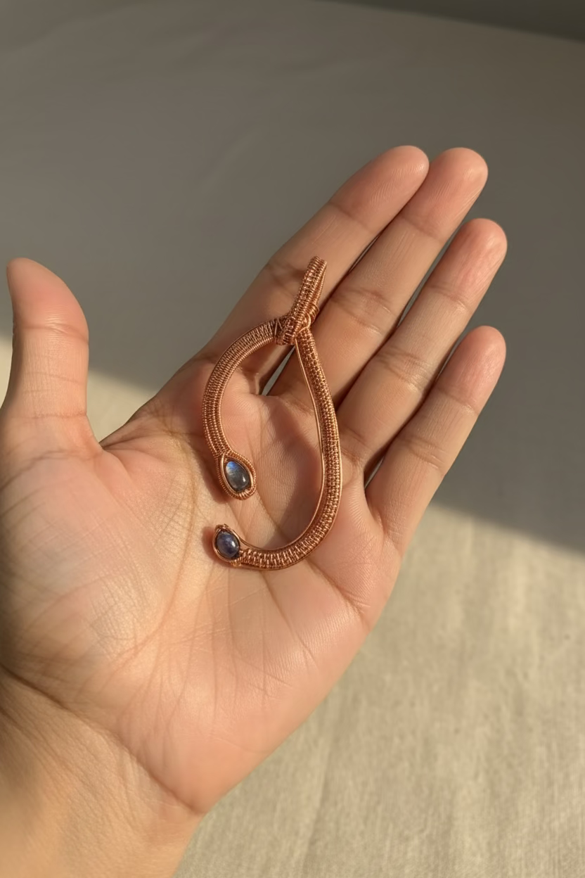 Hand holding a handcrafted woven copper pendant featuring two genuine freshwater pearls, showing its size and elegant open-frame design.