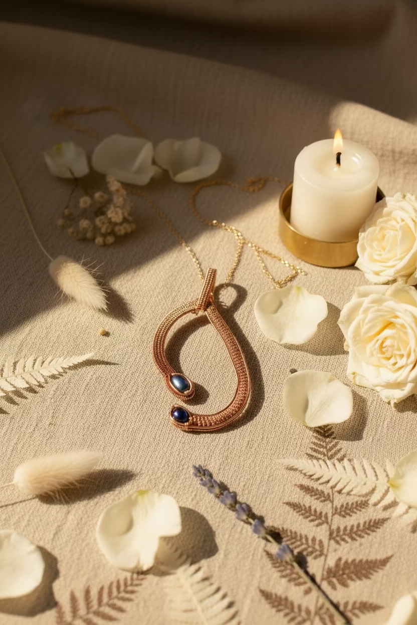 Handwoven copper pendant with two genuine freshwater pearls displayed beside a candle and flower on a soft neutral background.