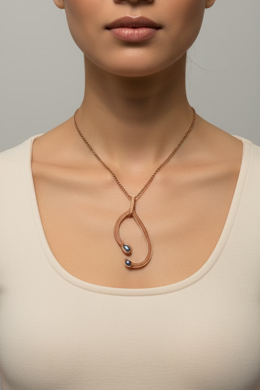 Model wearing the Pearl Embrace handcrafted copper pendant with two freshwater pearls on a delicate chain against a soft grey top.