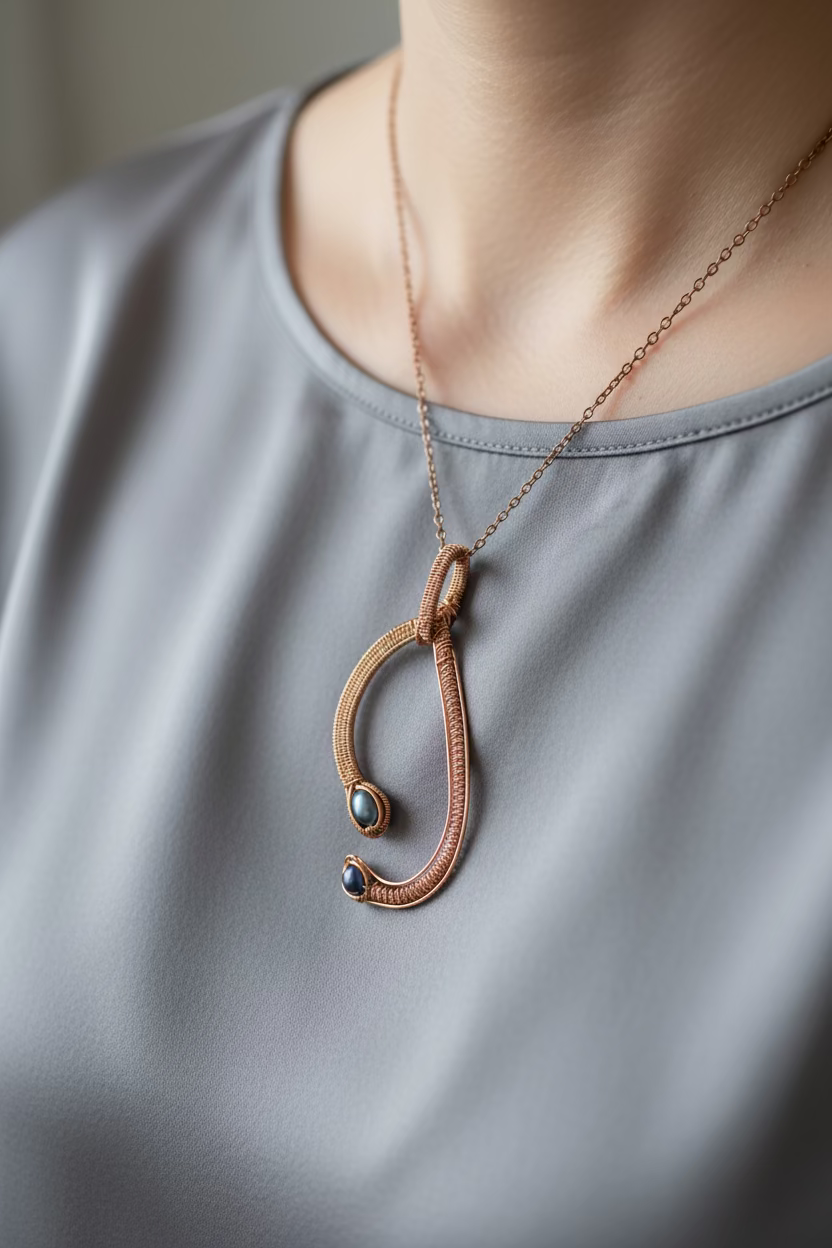 Model wearing the Pearl Embrace handcrafted copper pendant with two freshwater pearls on a delicate chain against a soft grey top.