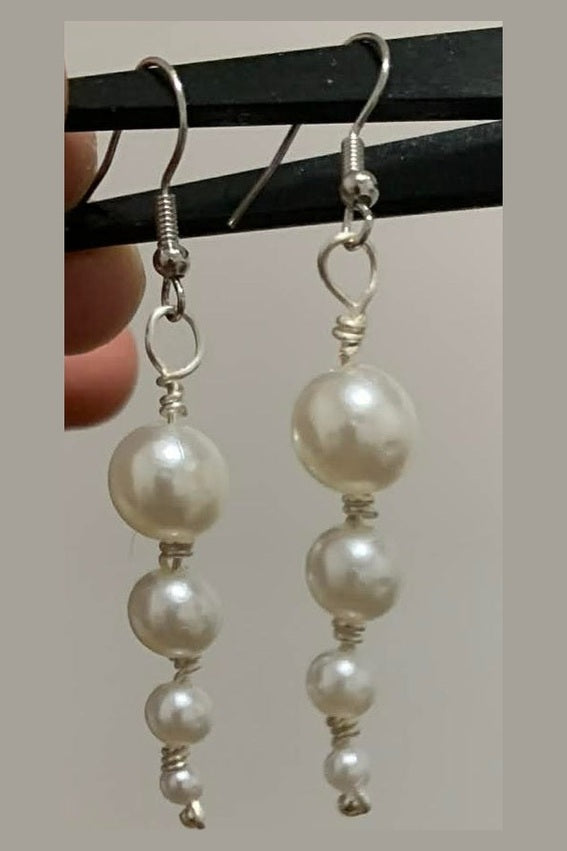 Elegant Pearl Bead Earrings – Silver-Toned Copper Wire Wrapped (2")