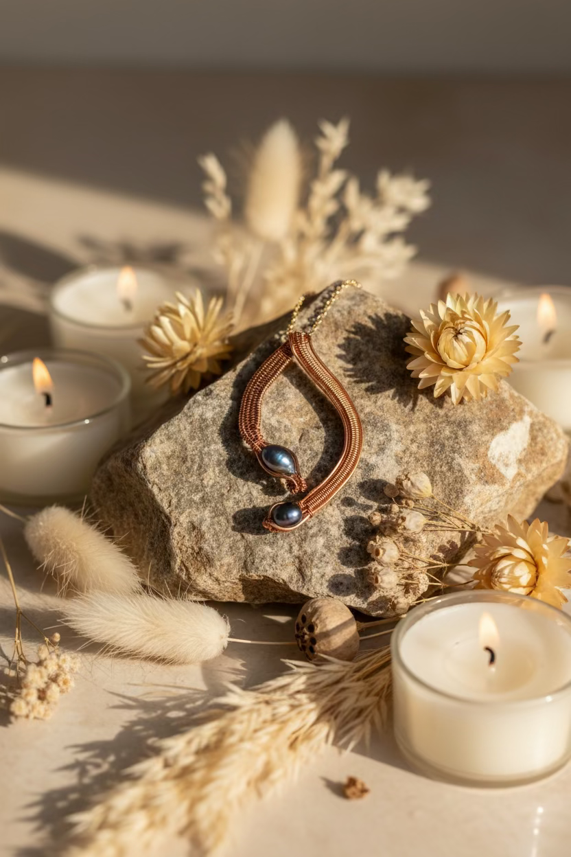 Handcrafted Copper Pendant with Freshwater Natural Blue/Grey Pearl - Sculptural Artisan Jewelry