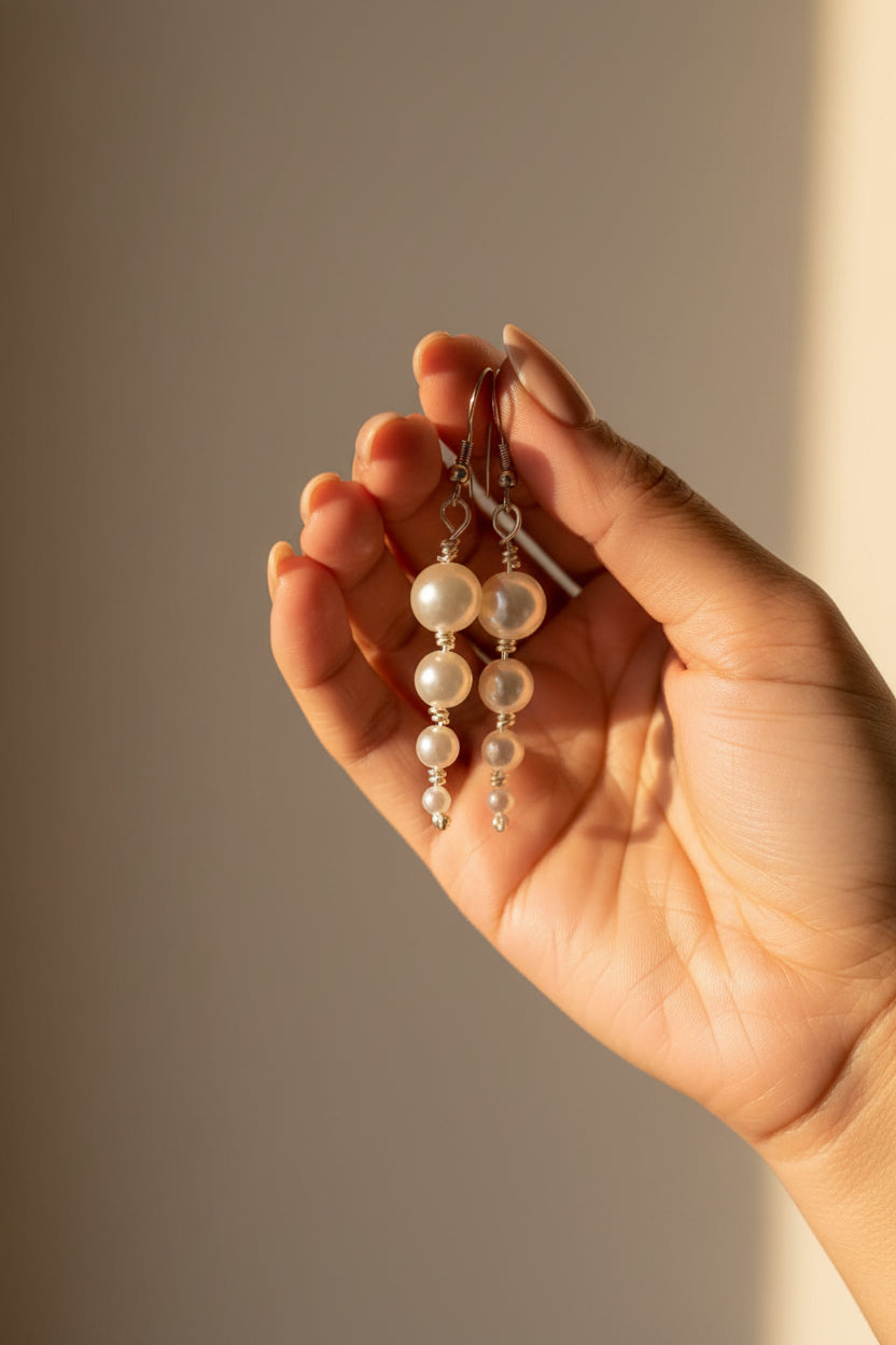 Pearl earrings held in a hand against a neutral background