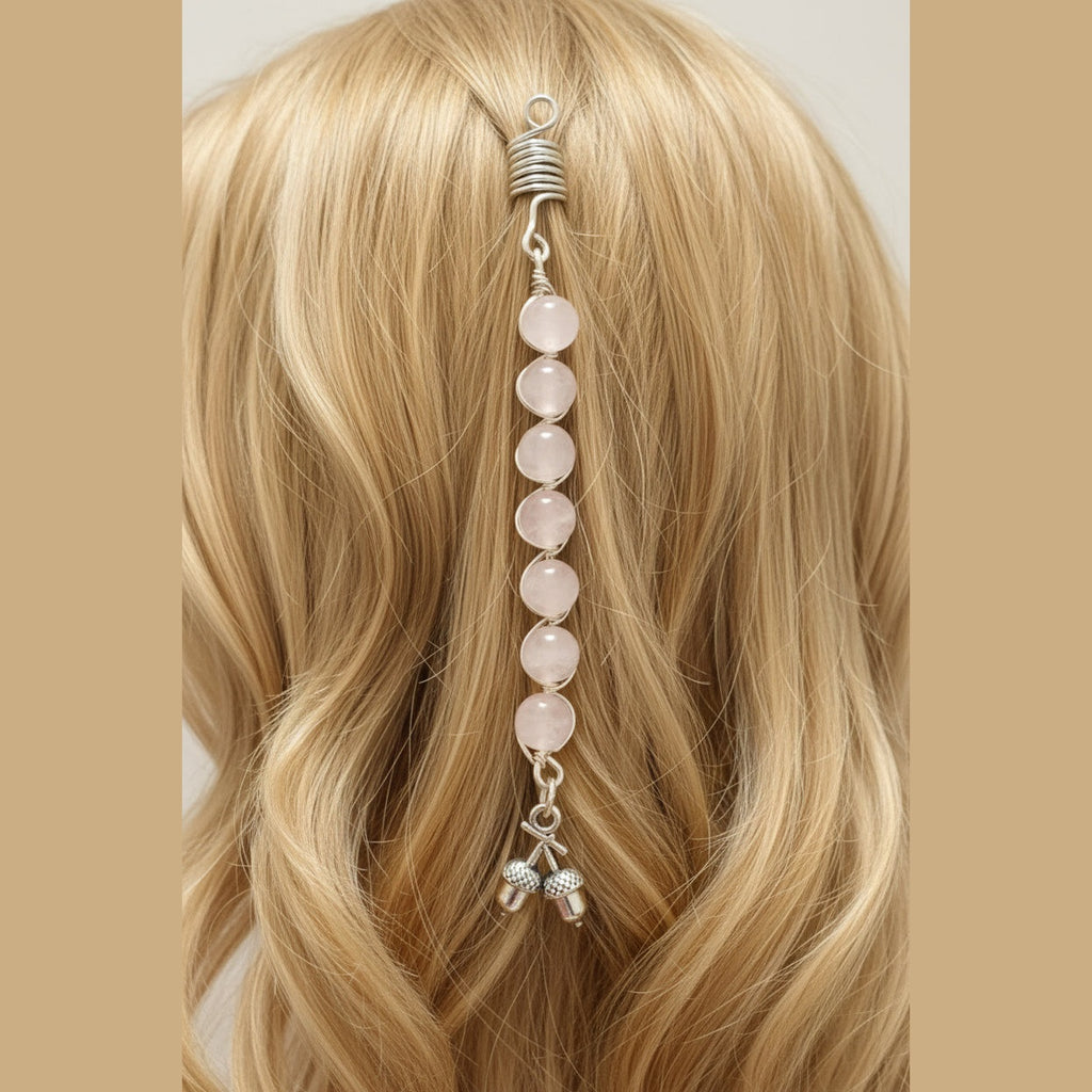 Silver-Toned Copper Wire Hair Charm with Soft Pink Glass Beads and Acorn Charms