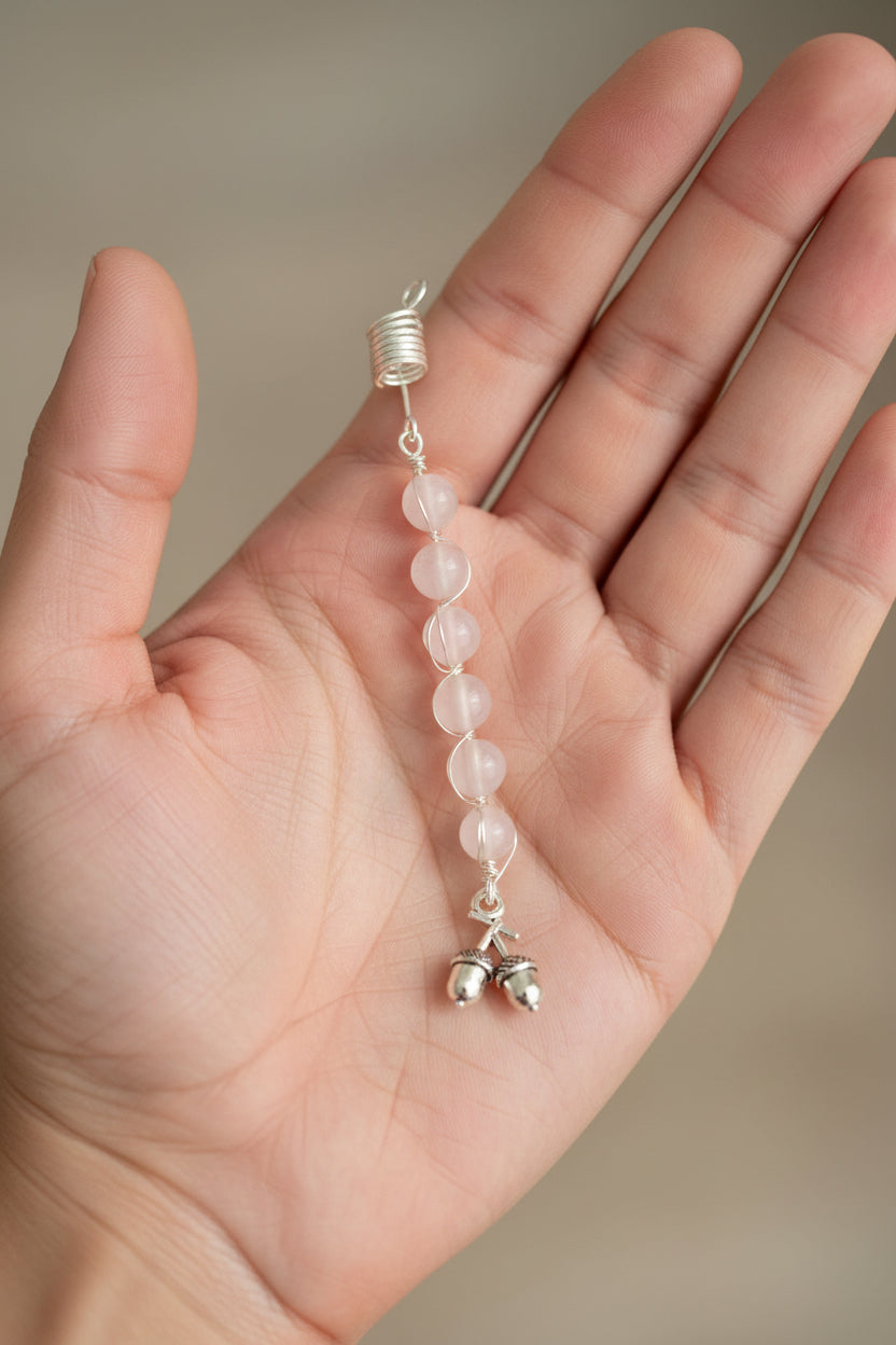 Silver-Toned Copper Wire Hair Charm with Soft Pink Glass Beads and Acorn Charms
