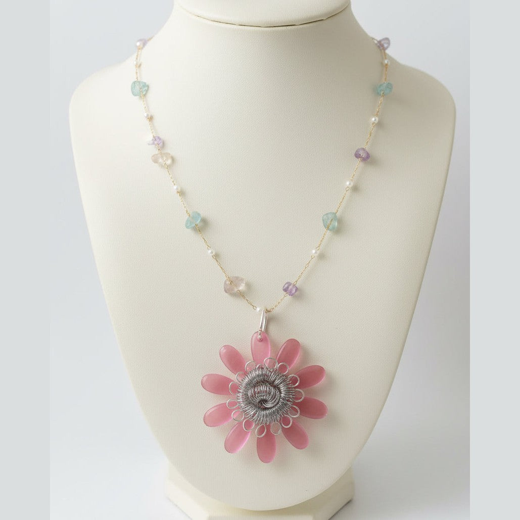 Pink Resin Flower Pendant Necklace – Silver-Toned Copper Wire Wrapped