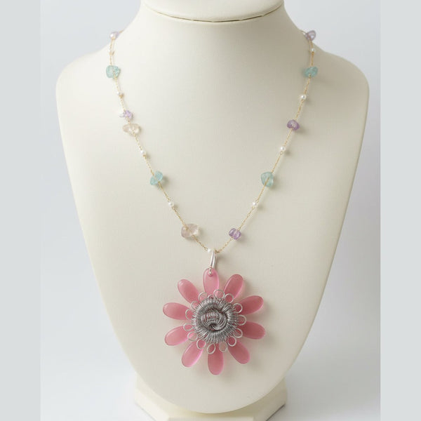 Pink Resin Flower Pendant Necklace – Silver-Toned Copper Wire Wrapped