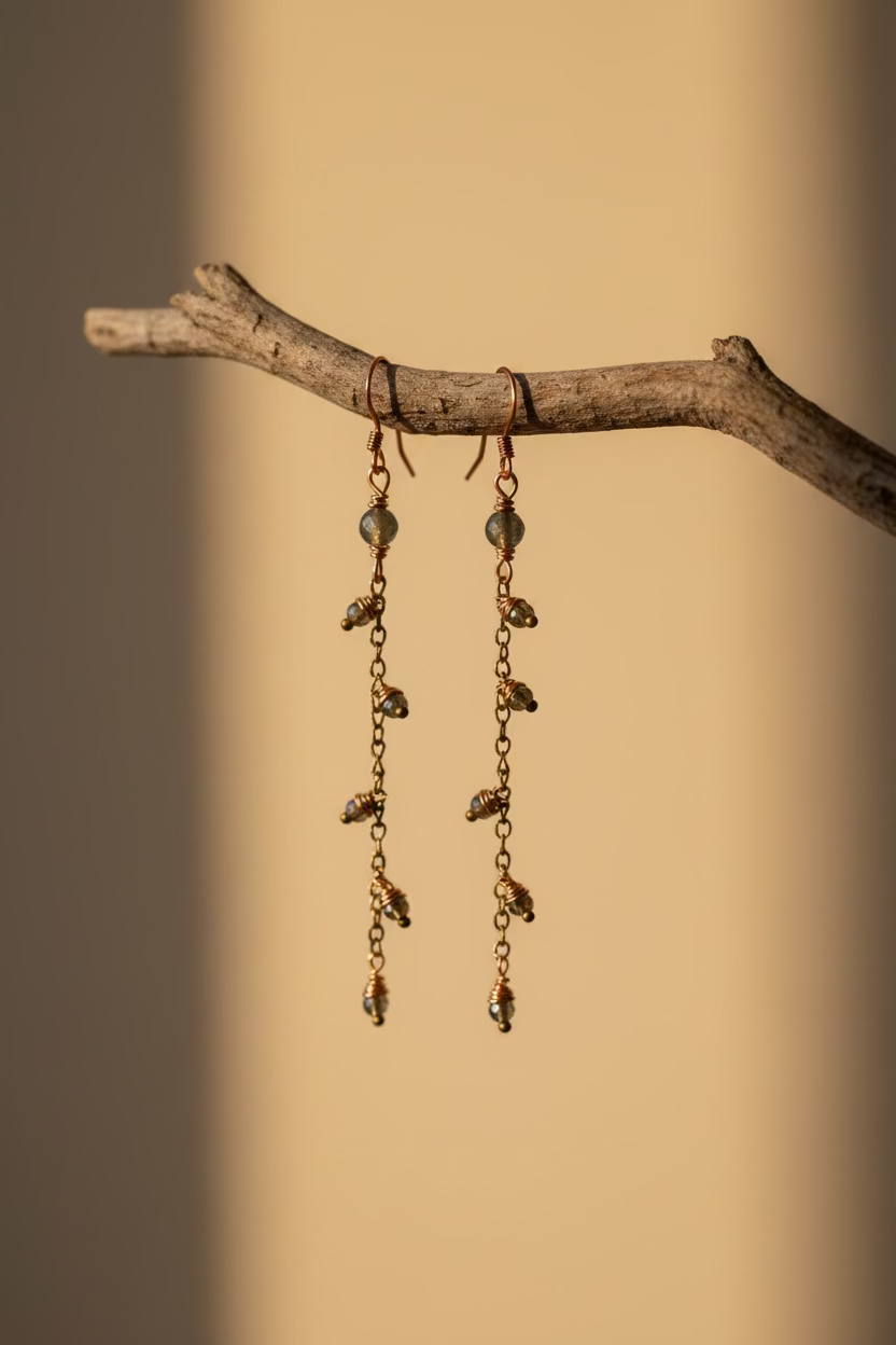 Pyrite Bloom handmade copper earrings with genuine pyrite gemstones displayed on a warm neutral background.