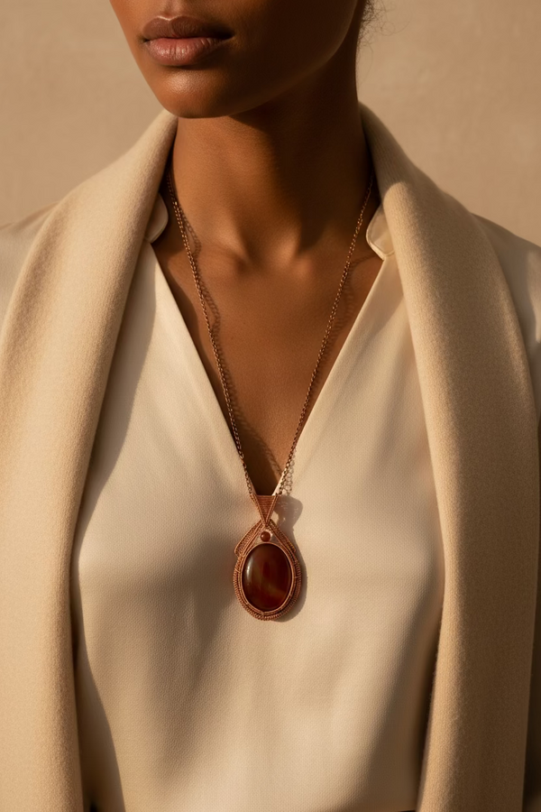 Handcrafted Red Agate Copper Pendant Necklace | Statement Wire Wrapped Jewelry | Alchemy of Jewels