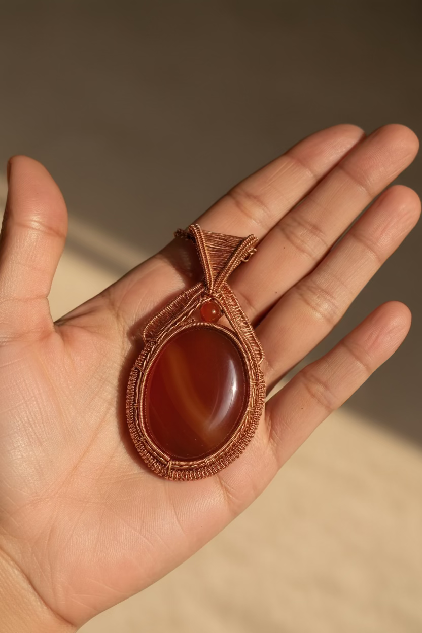 Handcrafted Red Agate Copper Pendant Necklace | Statement Wire Wrapped Jewelry | Alchemy of Jewels