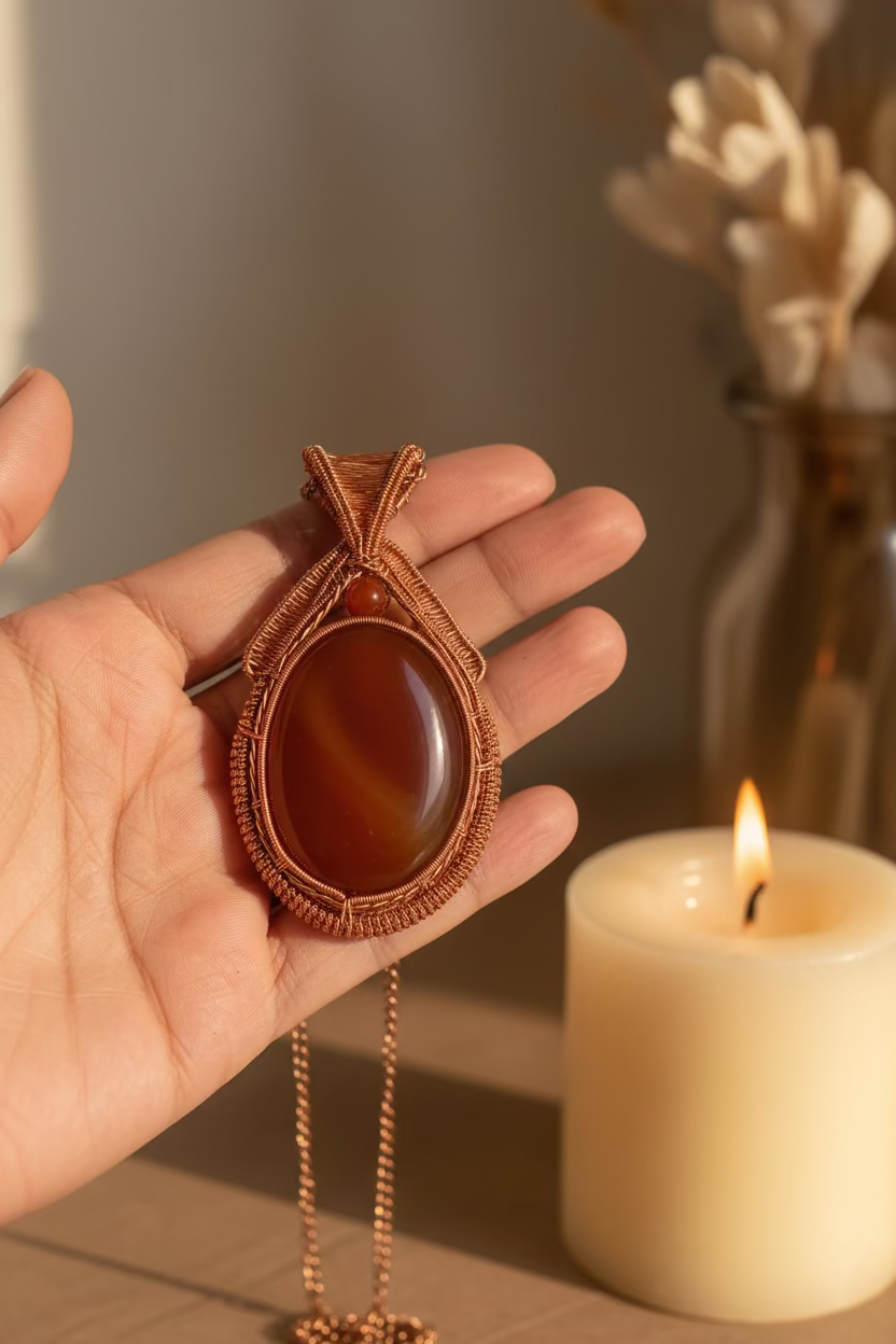 Handcrafted Red Agate Copper Pendant Necklace | Statement Wire Wrapped Jewelry | Alchemy of Jewels