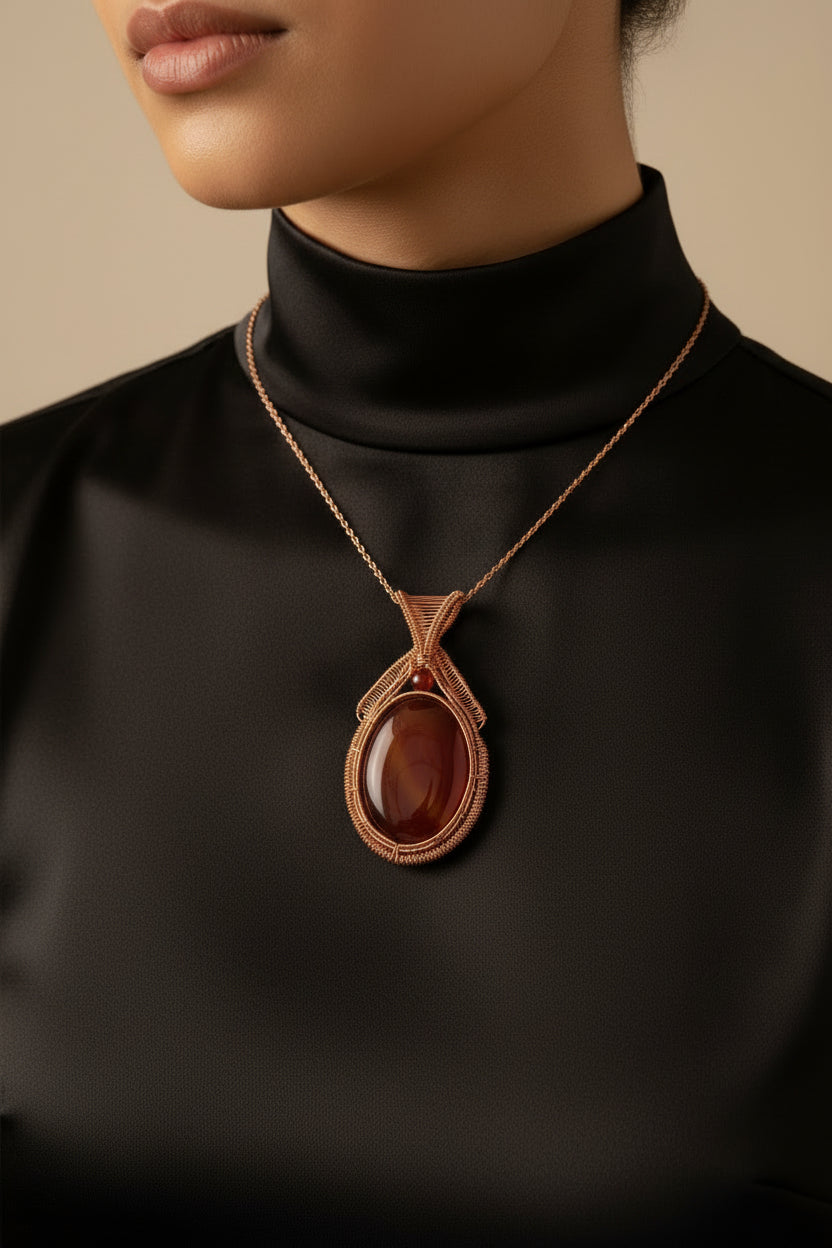 Handcrafted Red Agate Copper Pendant Necklace | Statement Wire Wrapped Jewelry | Alchemy of Jewels