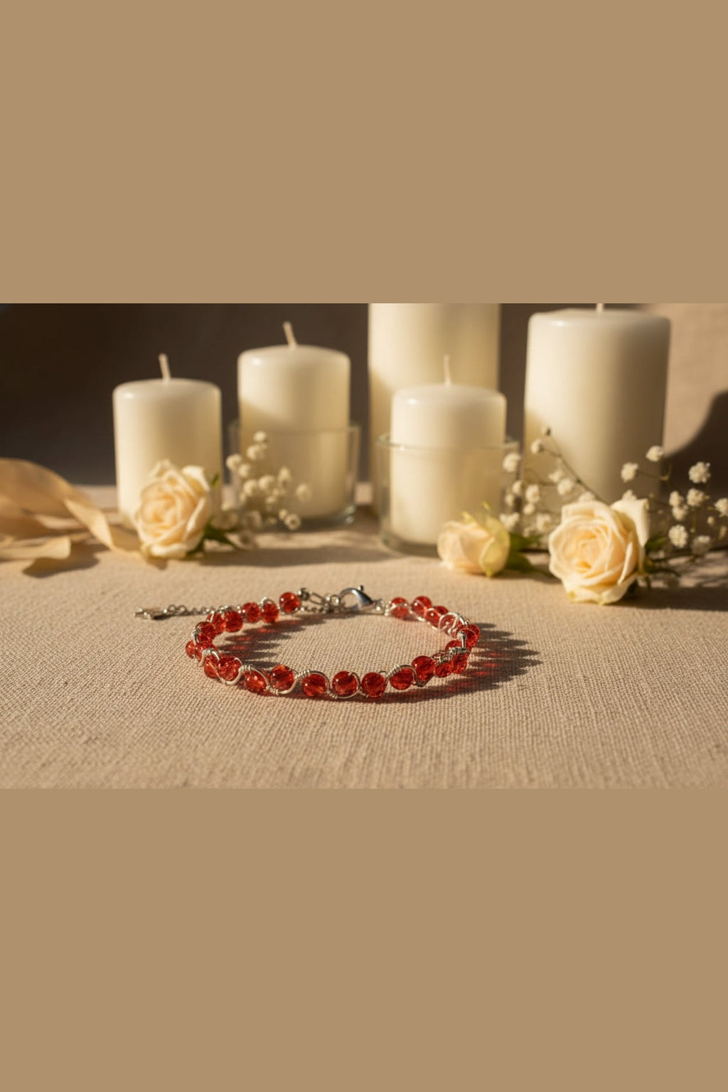 Red Glass Bead Bracelet – Silver-Toned Copper Wire Wrapped (8.5")