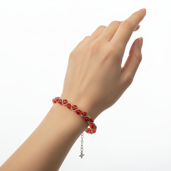 Red Glass Bead Bracelet – Silver-Toned Copper Wire Wrapped (8.5")