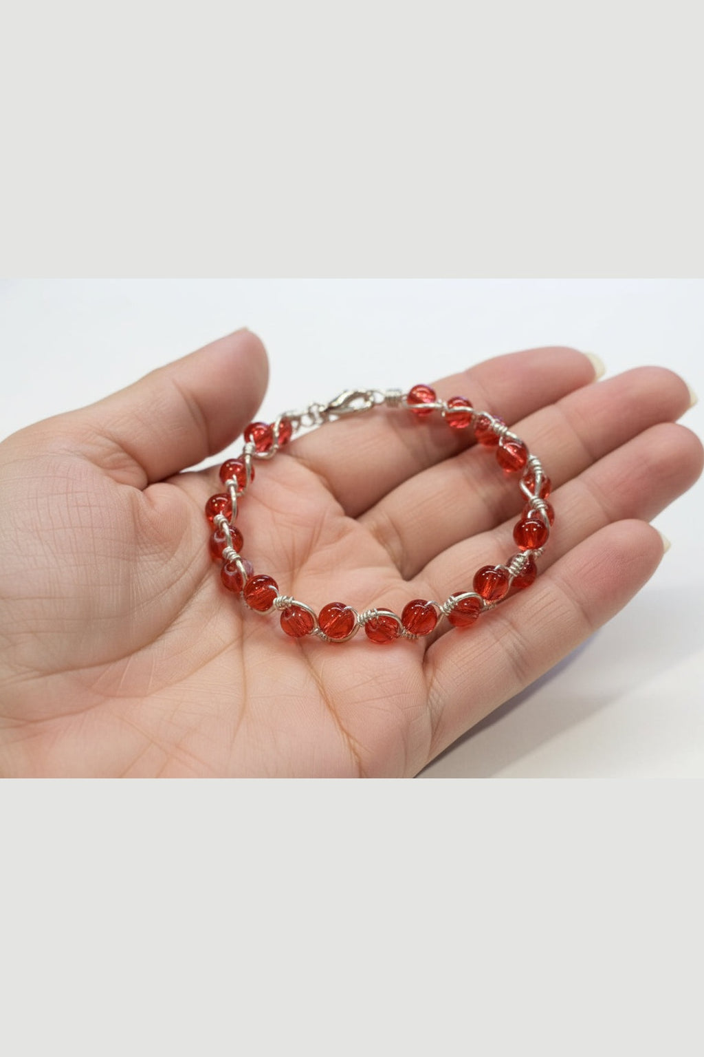 Red Glass Bead Bracelet – Silver-Toned Copper Wire Wrapped (8.5")