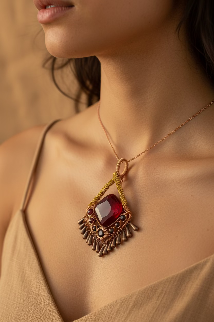 Jewelry pendant with red stone and gold accents on a white paper background