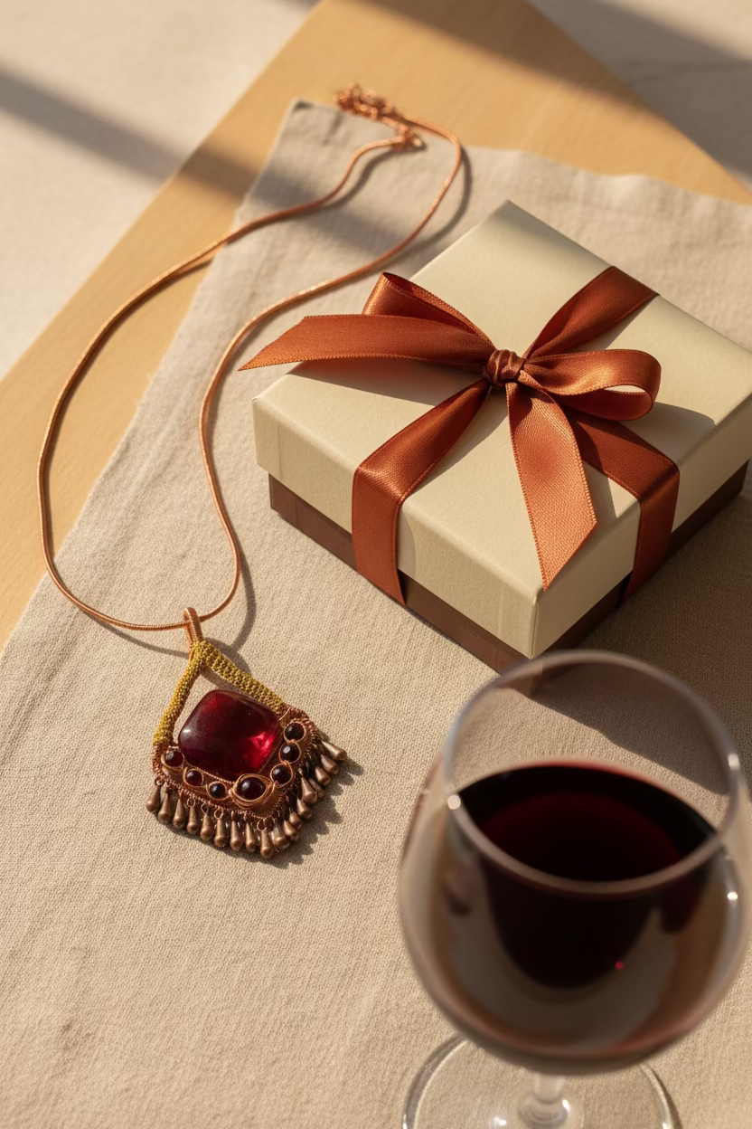 Red garnet pendant  and copper wirework against a luxury background