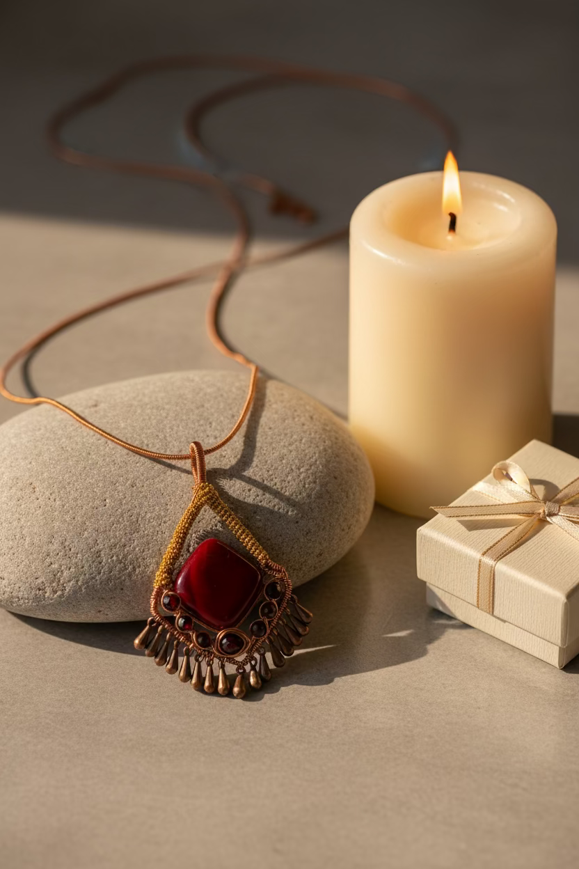 Jewelry necklace with a red garnet stone pendant on a luxury background