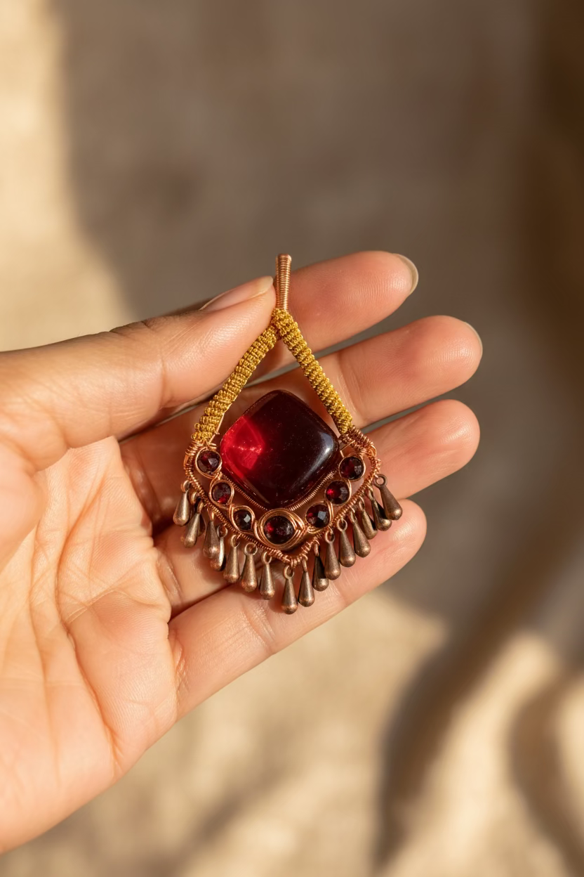Hand holding a garnet red stone pendant with copper accents against a neutral background